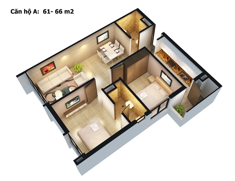 thiết kế căn hộ 2 phòng ngủ chung cư gamuda