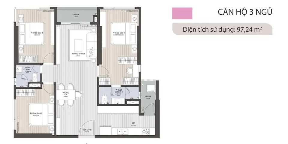 thiết kế căn 3 phòng ngủ Ambience Hải Phòng